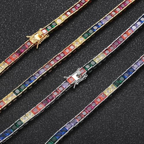 Rainbow Gemstone Tennis Chain Necklace for Men Women Hip Hop Jewelry Gift Gold Silver 16 18 20 22 24 Inches 4mm Colorful Square Zirconia Tennis Chain4