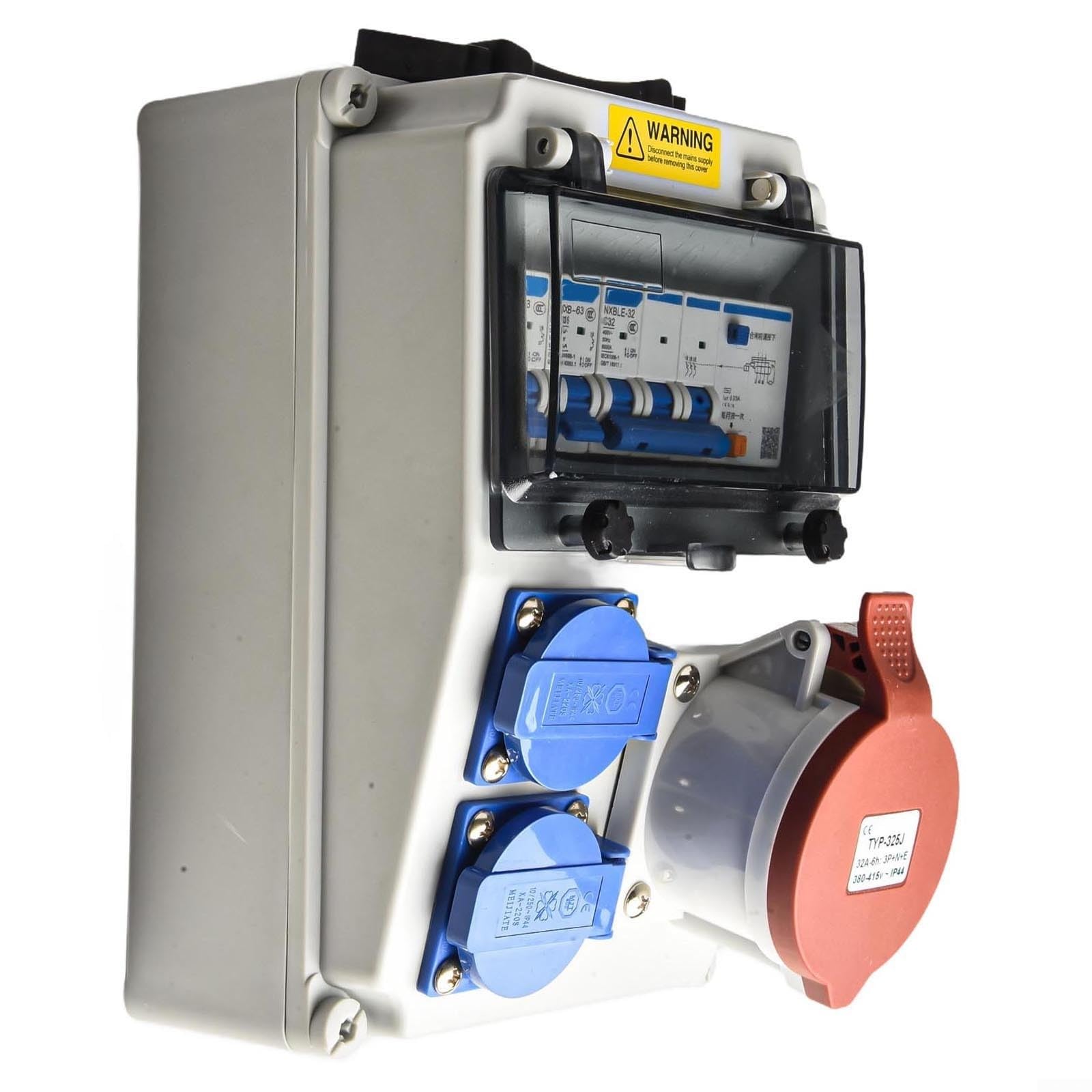 Distribuidor de corriente para construcción IP65, montaje en pared con interruptor de protección FI, 2 x para Schuko 10 A y 1 x para CEE 400 V 32 A, distribuidor exterior impermeable de ABS + PC para