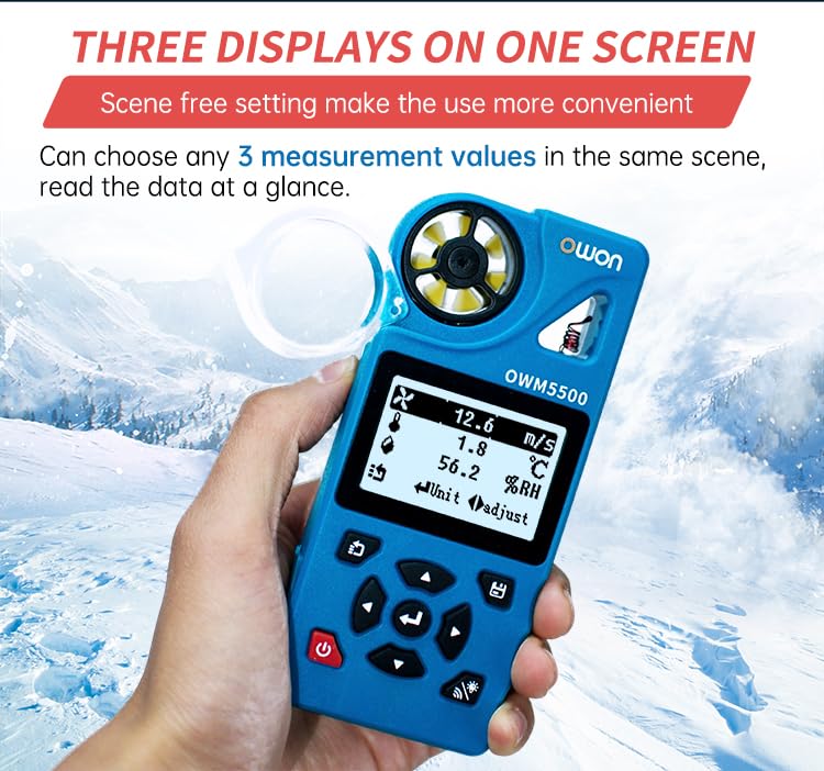 Owon OWM5500 Anemometer displaying three measurement values simultaneously: wind speed, temperature, and humidity.