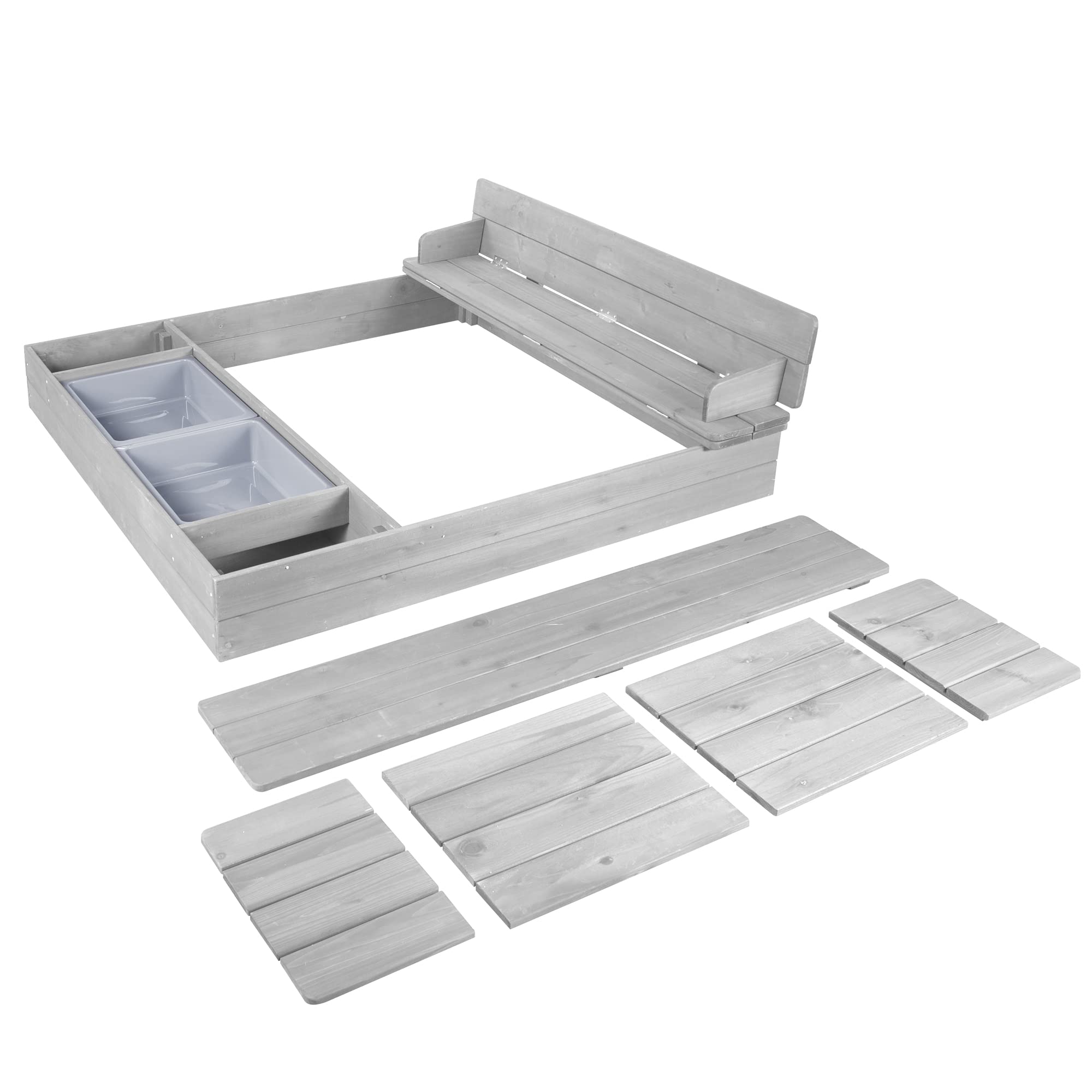 roba Sandkasten Outdoor + mit Abdeckung - Aufklappbare Sitzbank, 2 Spielwannen & 4 abnehmbare Sitzplatten als Deckel - Wetterfestes Holz grau lasiert