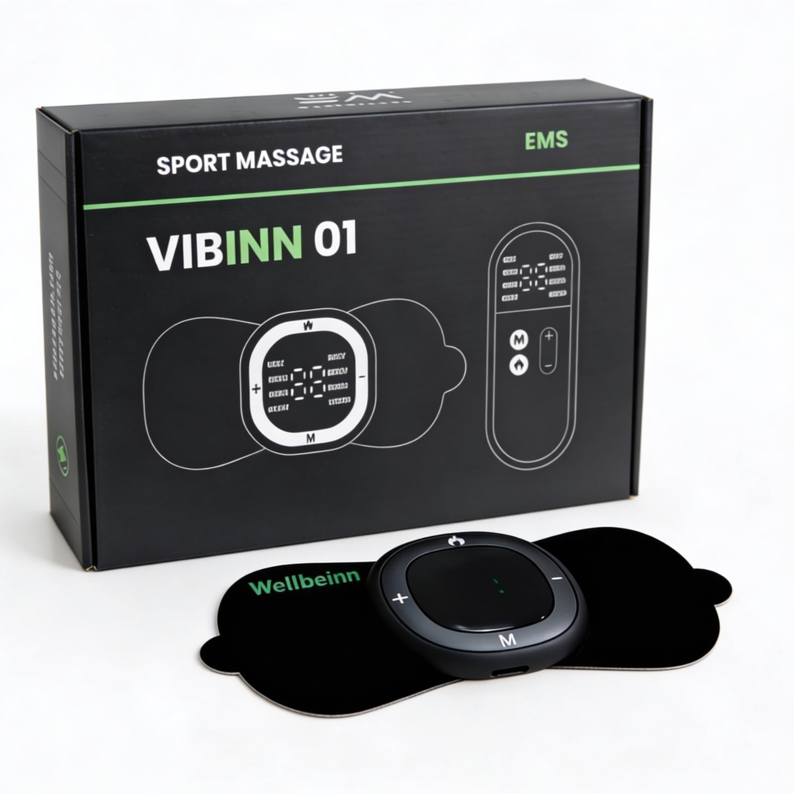 WELLBEINN Electroestimulador Muscular EMS con Calor | TENS Masajeador Recargable USB-C | 8 Modos y Intensidad Ajustable | Mando Remoto y Pantalla | Alivio Muscular Cuello, Espalda y Lumbar