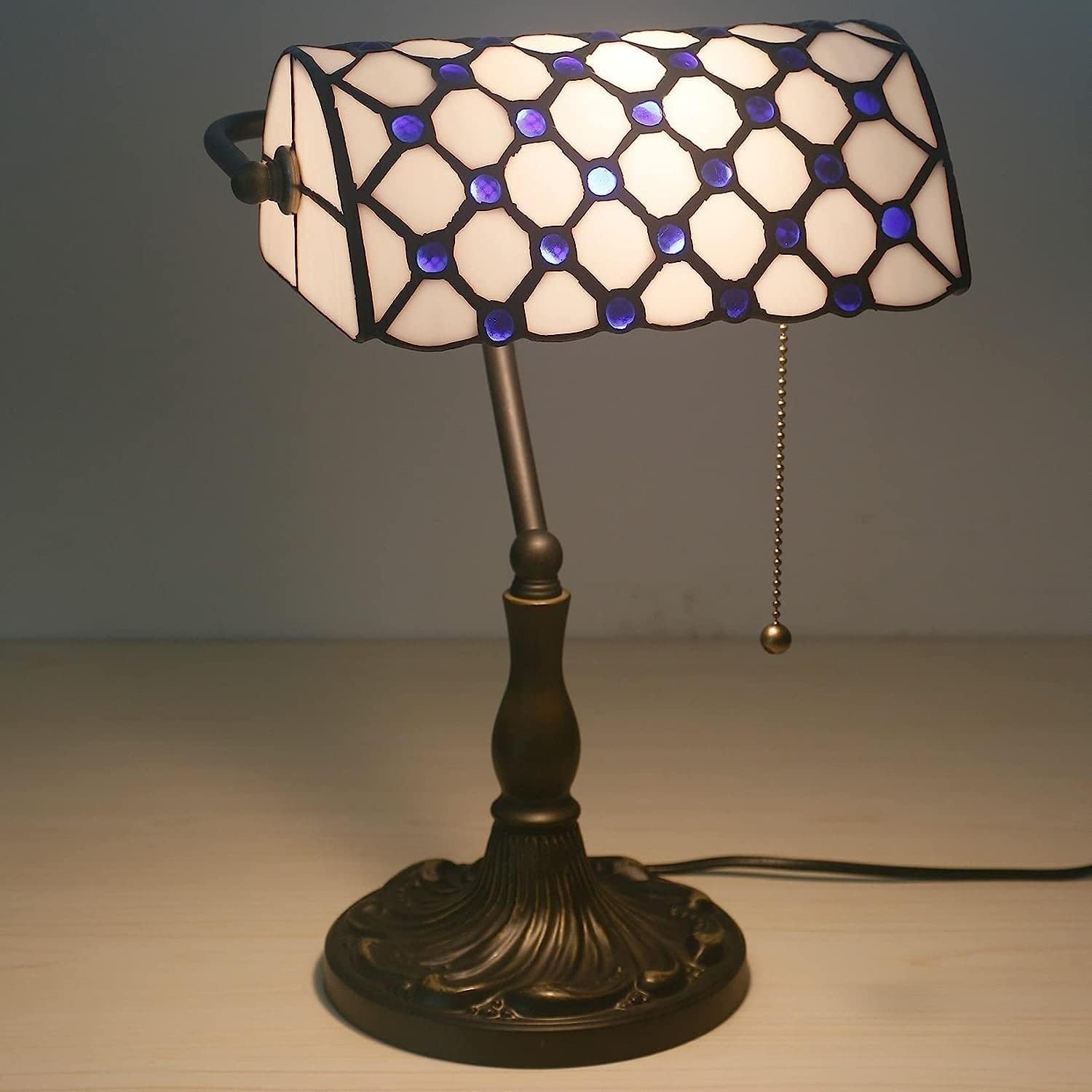 Bankiers Tischlampe, farbige Glaslampe, Kristallperlenschreibtischlampe, Schlafzimmer in der Nacht Leselampe (weiße Blaue Glasperlen Schatten) Innovate