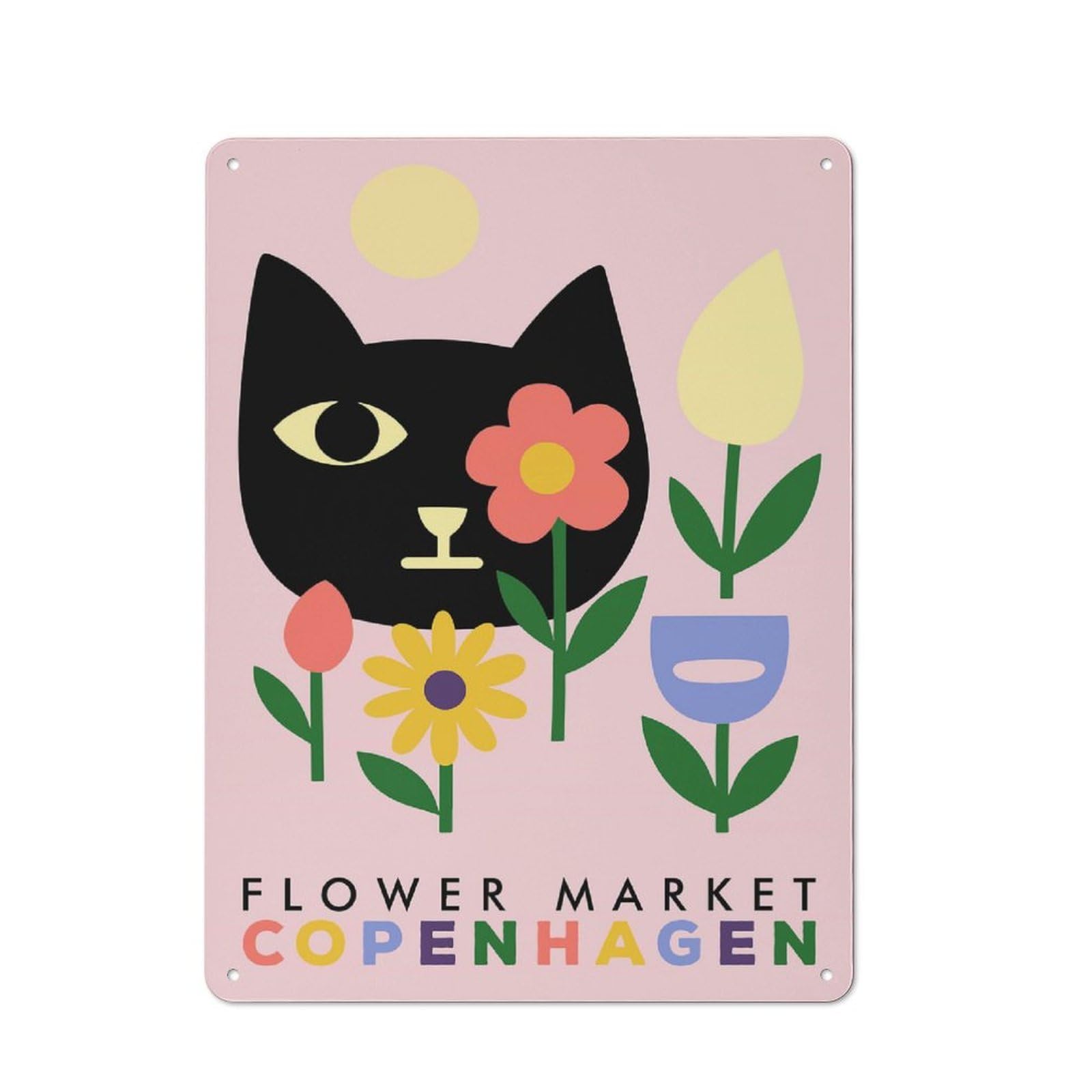 Junmoney Style-13 Tin Wall Plaque 40X30cm With Flower Market Copenhagen Cat Art For Pub Or Café, For Hospitality Wall Decor Collectors