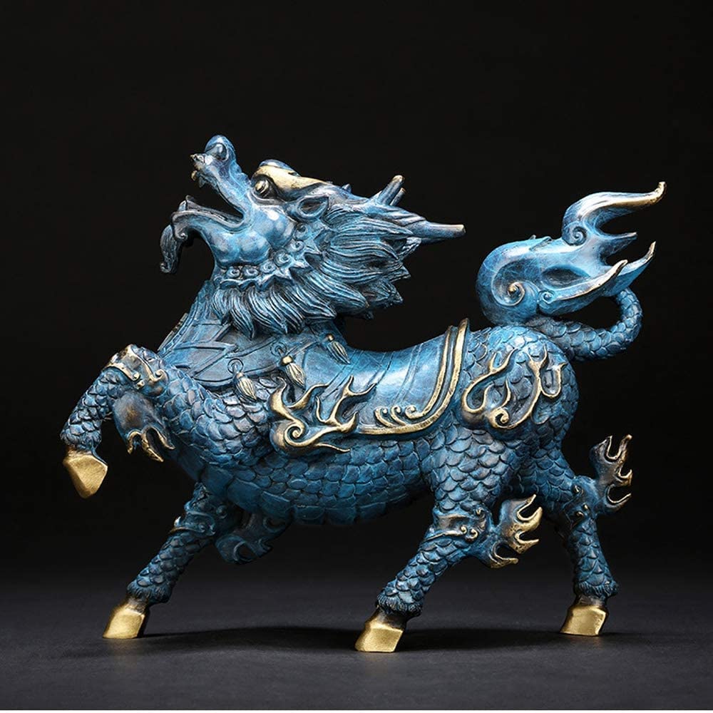 置物 kuu QiLin/Kirin Blue Pure Copper Guardian Statues, decoração chinesa