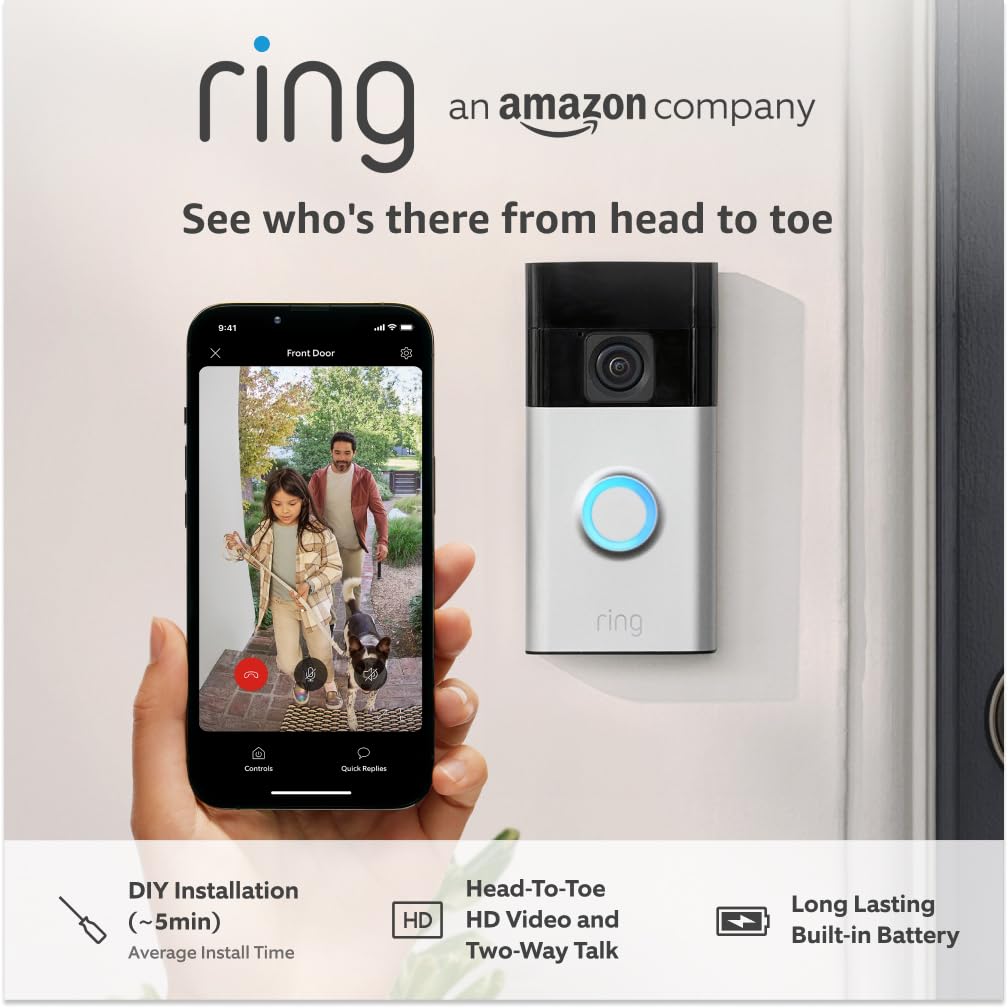 Ring Battery Video Doorbell (2024 release) | DIY Wireless Video Doorbell Camera I Head-To-Toe View, HD Video | Easy to install (5 min) | With Built-in Battery I 30-day free trial of Ring HomeRecycled Content Certification for Electrical and Electronic Equipment