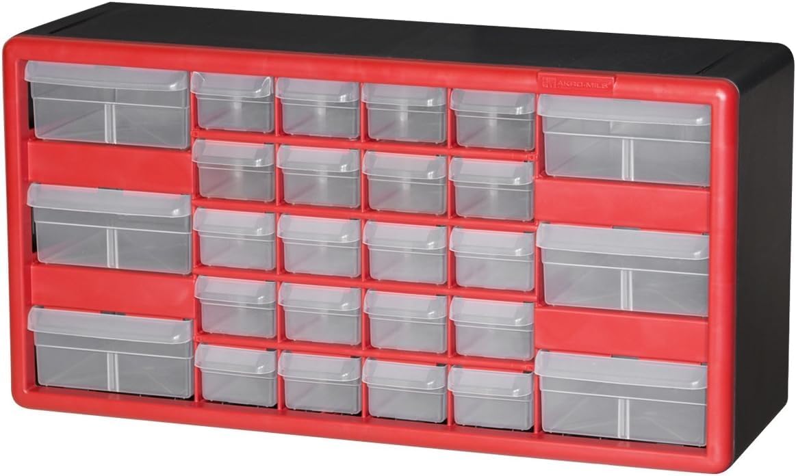 10126 26-Drawer Plastic Drawer Storage Cabinet for Garage Organization, Lego Storage, Teacher Toolbox, Makeup Organizer, and More, 50.8 cm W x 15.24 cm D x 25.4 cm H, Red