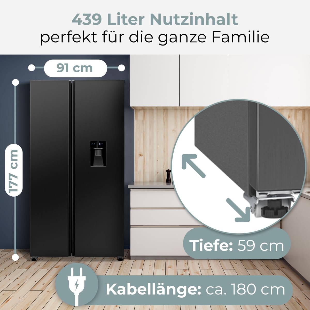 Bomann® Side by Side Kühlschrank | Wasserspender mit Tank | Energieklasse D | 177cm | NoFrost | 5 Jahre Kompressor-Garantie | Kühlschrank mit Gefrierfach | MultiAirflow-System | SBS 7367 dark inox