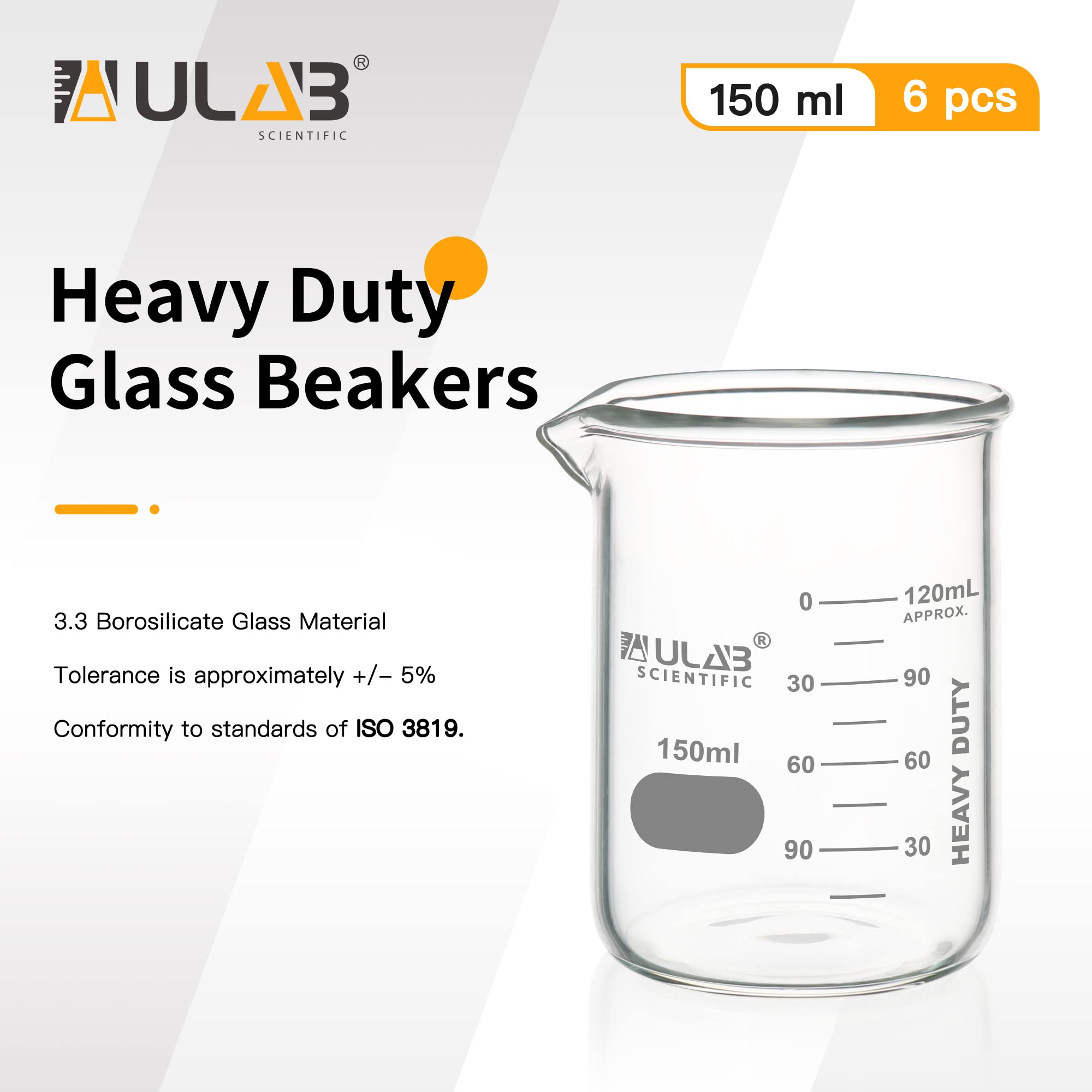 ULAB Heavy Duty Glas Becher, 6pcs von Vol.150ml(5.07oz), Borosilikat 3.3 Glas, dicke Wand Becher, mit doppelter Skala, Superior Durability & chemische Beständigkeit, UBG1052
