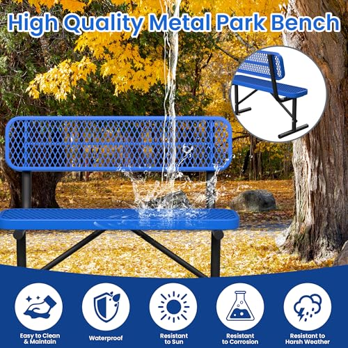 Image of 4FT Outdoor Metal Bench Park Benches for Outside, Blue Heavy Duty Long Steel Bench with Back, Commercial Garden Bench Expanded Metal Bench Seat for Lawn, Park, Deck, Garden, Patio, Porch