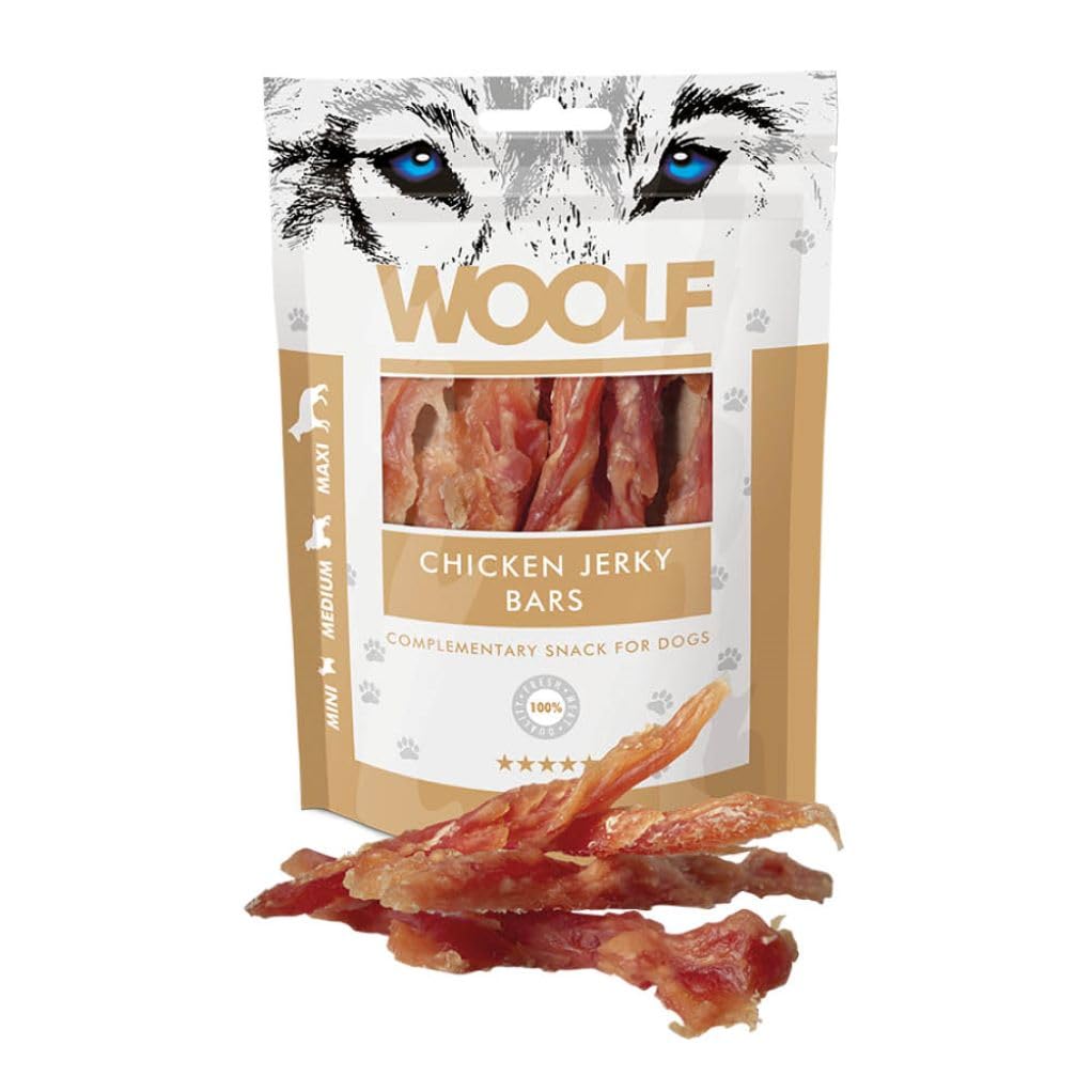 WOOLF Chicken Jerky Bars - Complementary Snacks for Dogs. Dog Treats with Natural Ingredients and High Meat Content, Nutritional, Free from Artificial Additives. Suitable for Dogs (100g)