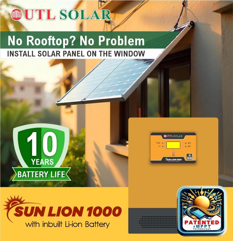 Image of UTL SUN LION 1000 Solar Inverter | Wall Mountable | Inbuilt Lithium Battery (LiFePo4) | rMPPT Solar Charge Controller | Compatible with 12V & 24V Panels | 800VA System | 3-Year Warranty