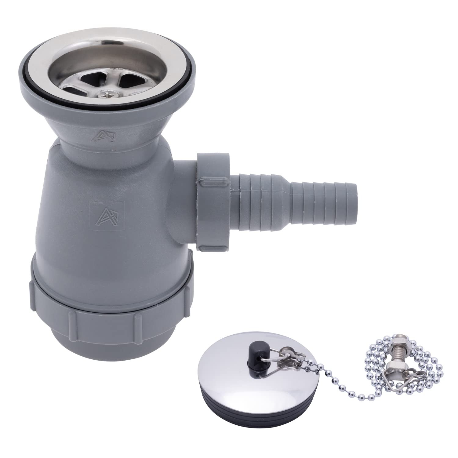 Ambassador Marine - 2 inch Drain, Trap Sink Drain, 3/4 inch & 1 inch Hose Barb, w/Chain Stopper - Ultra-Mirror Finish - S00-0108-UP-W