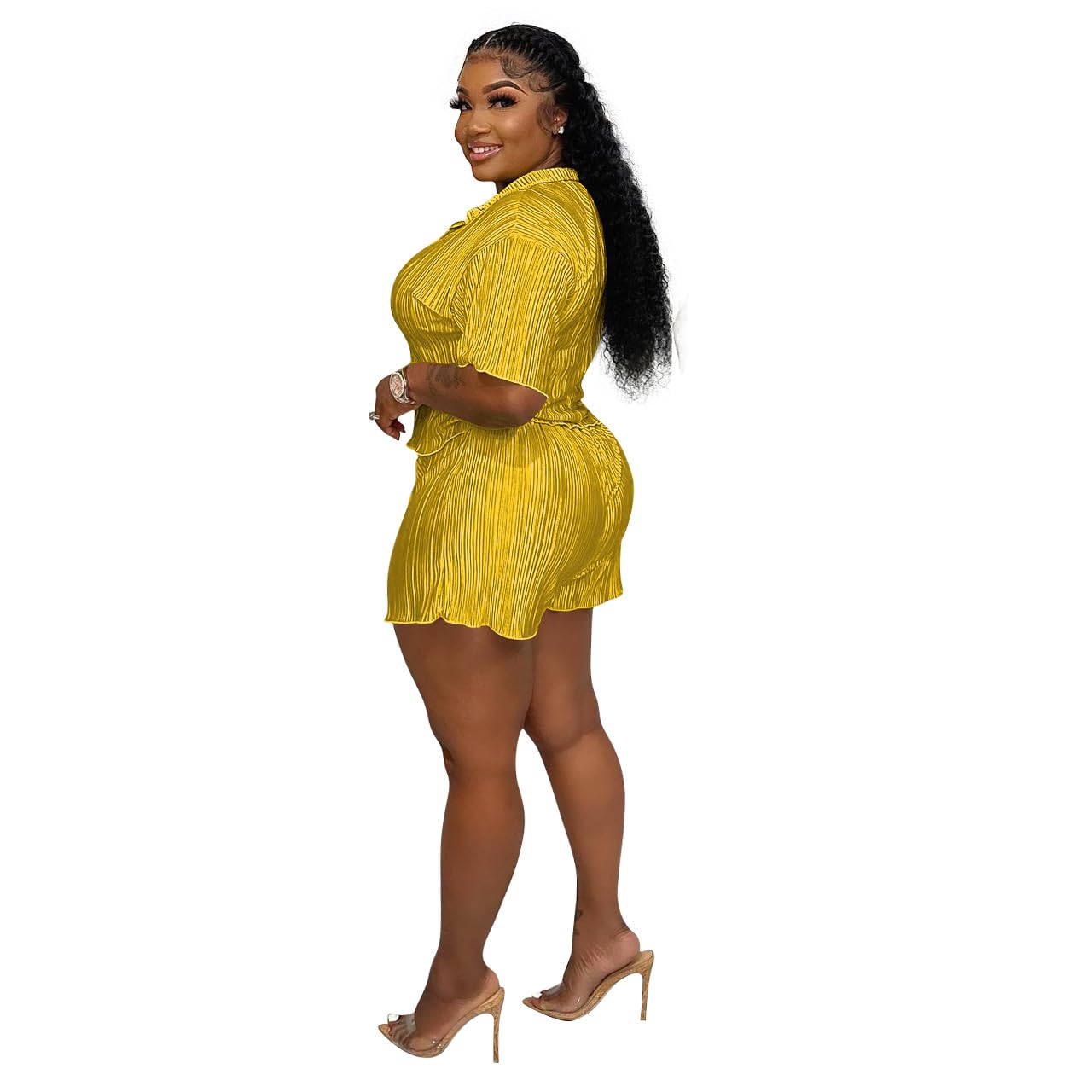 Women 2 Piece Short Pants Set Summer Casual Outfits Short Sleeve Button Down Shirt High Waist Pants Loungewear Streetwear