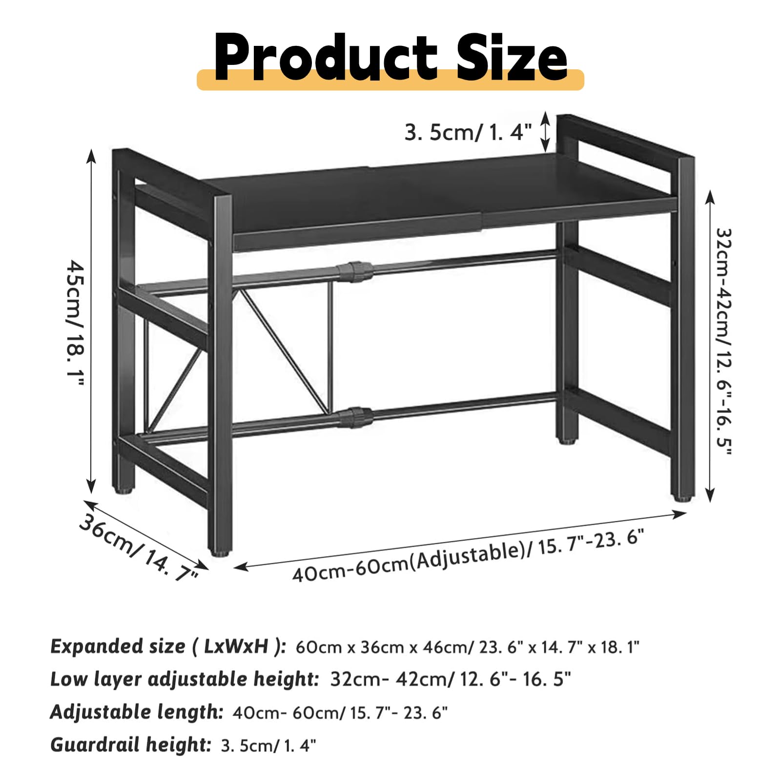 Scaffale espandibile per forno a microonde a 2 ripiani, regolabile in altezza e lunghezza, organizer da cucina, nero (L15. 7-23. 6 x W14. 7 x H 18. 1)