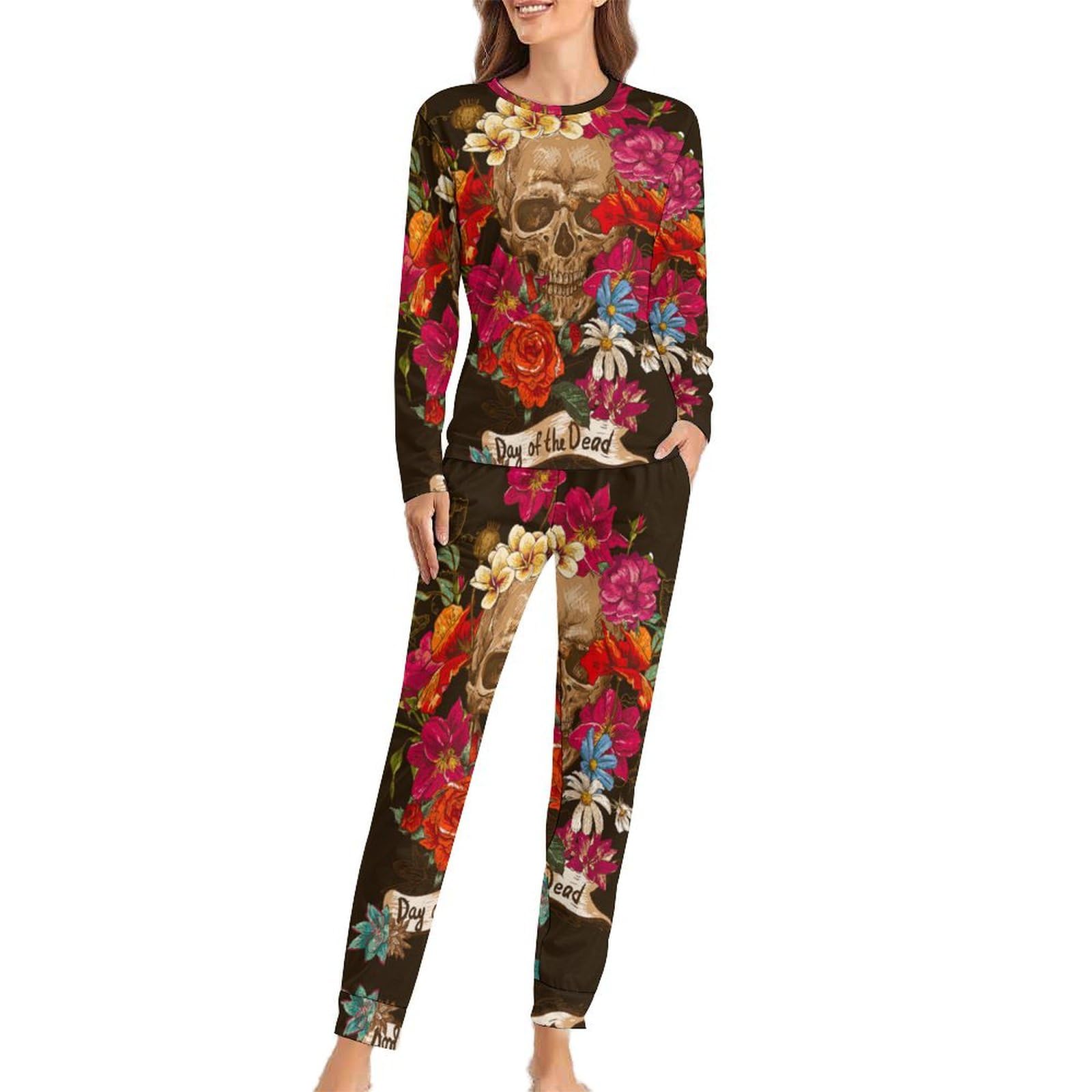 Cmagnifico Women's Day Of The Dead Woman's Crew Neck Pyjamas Set, Pyjamas For Pajamas With Pockets