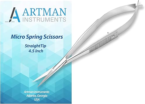 ARTMAN INSTRUMENTS Micro Tijeras de 4.5 pulgadas rectas Castroviejo puntada de corte bordado acción primavera extra afiladas Tijeras de apriete para
