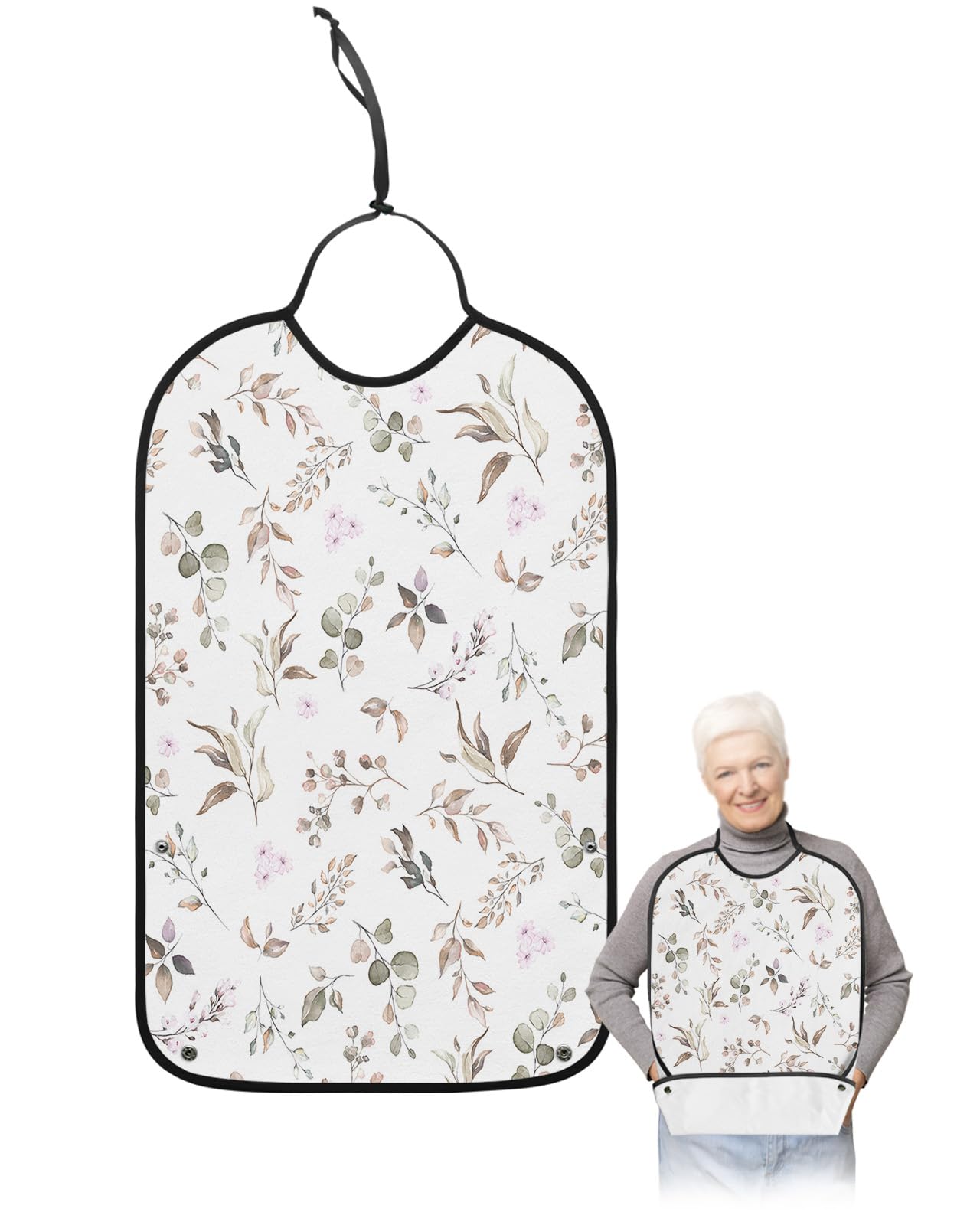 Spring Floral Adult Bibs for Eating, Waterproof Bibs with Food Catcher & Adjustable Snap Closure, Watercolor Summer Flower Rustic Leaves Washable Clothing Protectors Adult Bibs for Elderly Women/Men