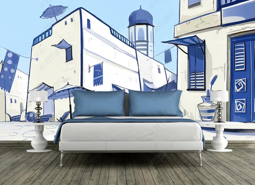 Papier peint intissé lavable grand format bleu paysage dessiné main - 2