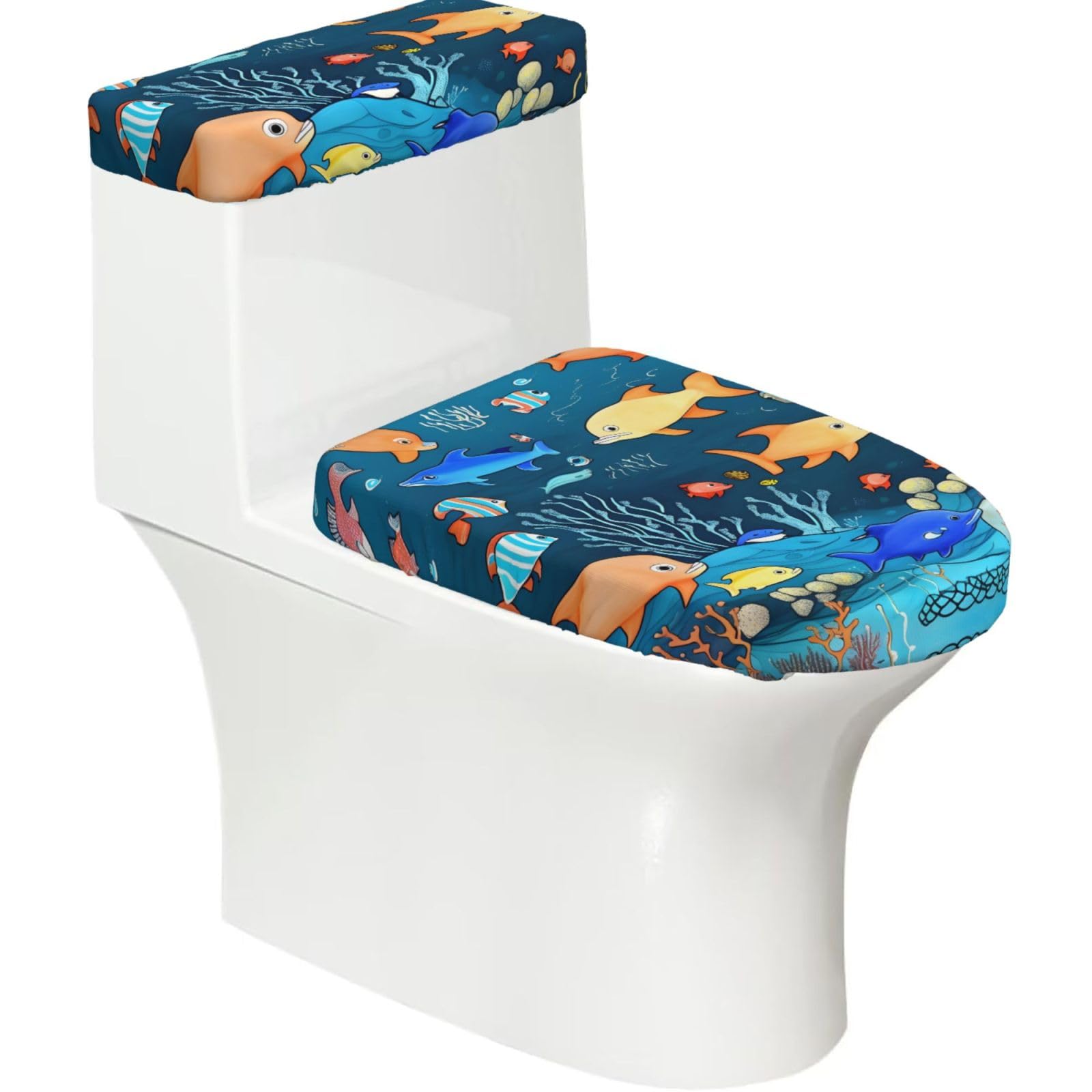 Cntdbu Black Blue Underwater World Of Fish Stretchy Toilet Lid And Tank Cover Set-Soft Elastic Bathroom Decor For U Shape Oval