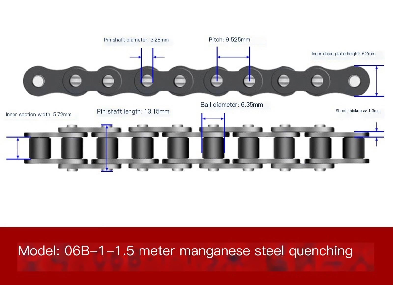 Generic 1.5m Industrial Transmission Chain, 06B 08B 10A 12A 16A Single Row Double Row Roller Chain MINGPING (Size : 06B-1-160L), EOEGQOEQA-06B-1-160L