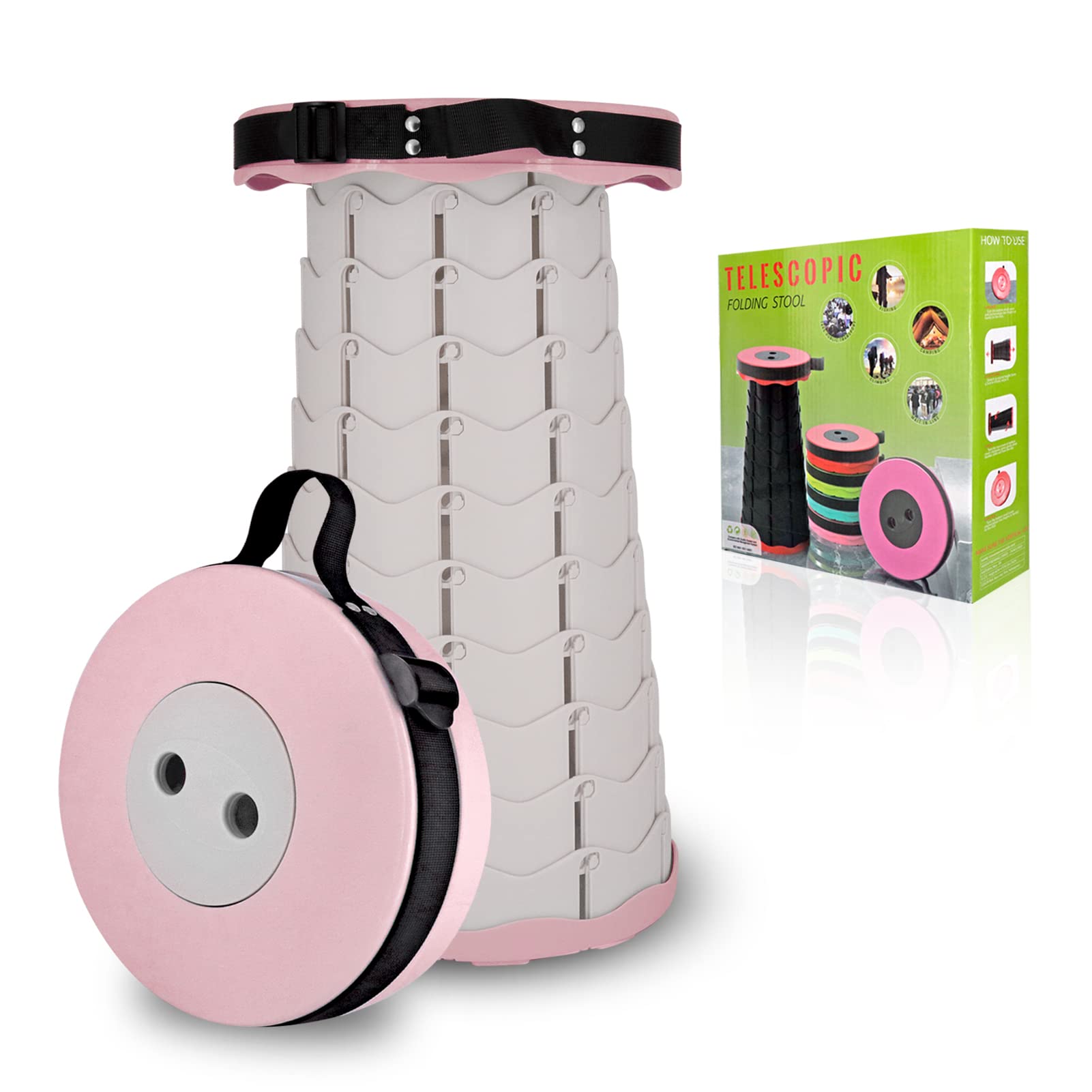 DOSUNO Sgabello Telescopico Portatile, Sgabello Pieghevole Sgabello Leggero da Campeggio, Sgabello da Campeggio Regolabile 420lbs Sgabello Retrattile per Campeggio all'aperto Barbecue Pesca,Rosa