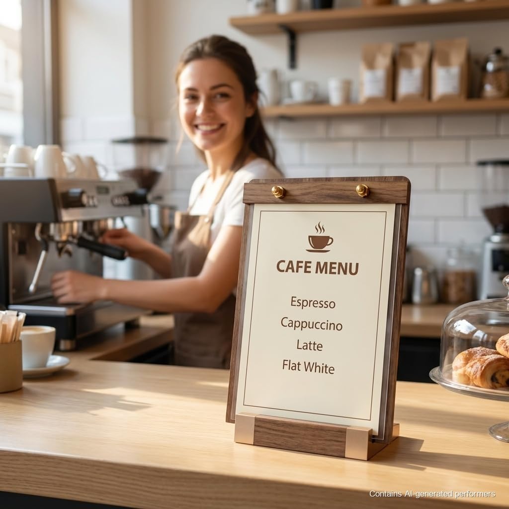 1 Pack Classy Sign Holder 8.5 x 11 with Slanted Wooden Base, Vertical Countertop Menu Display Stand for Coffee Shop, Bakery, Retail, Wedding