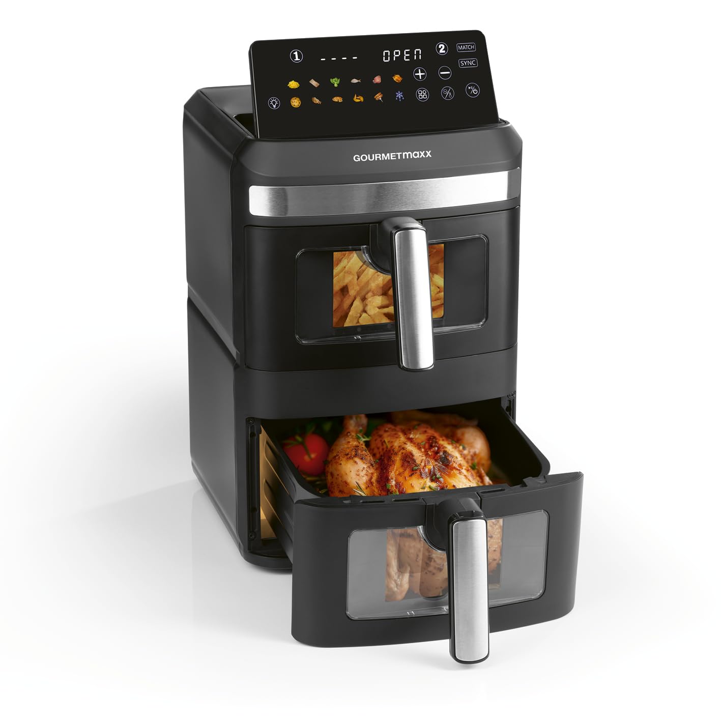 GOURMETmaxx FryUp XXL pionowa frytkownica na gorące powietrze z podwójną komorą – 12 l | Airfryer z okienkiem, wielobarwnym wyświetlaczem dotykowym LED i 12 programami | frytkownica na gorące