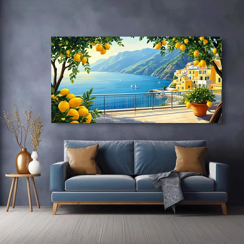 GKUVBF Affiche sur toile « Terrasse avec citronniers, vue sur la mer Méditerranée, villa côtière, paysage, impression d'art, décoration intérieure » (80 x 160 cm, sans cadre)