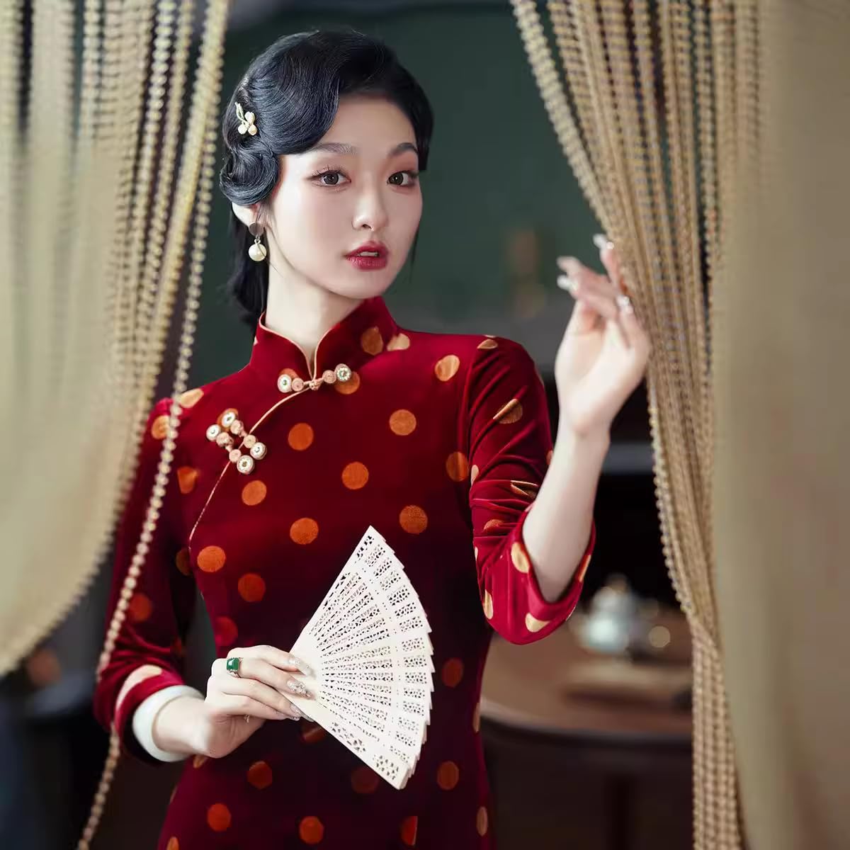 Cheongsam Manga Larga para Mujer - Vestido De Terciopelo Estilo Chino De Moda De Primavera Y Otoño Ajustado con Abertura Lateral para Uso Diario para Fiestas De Longitud Media Talla Grande Co