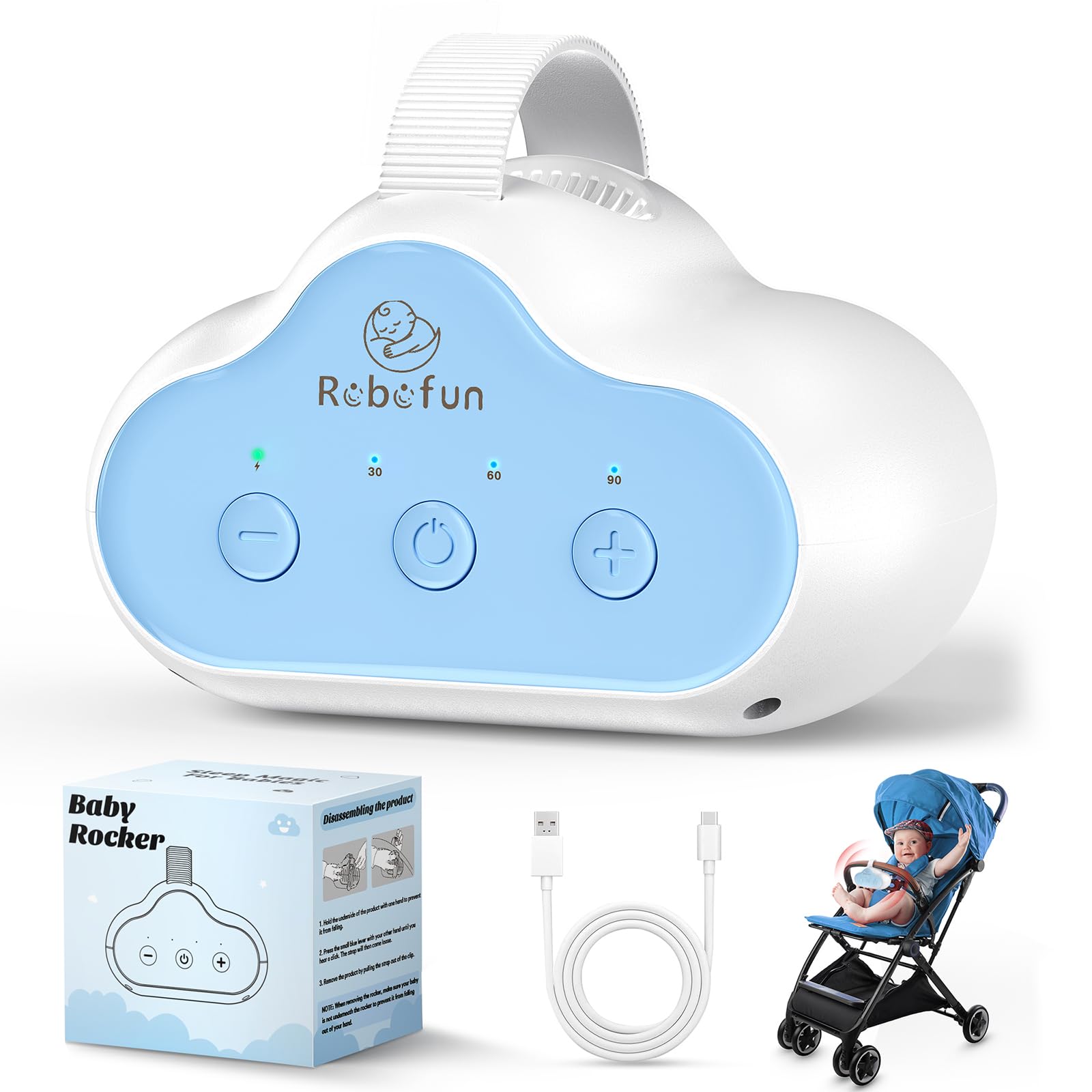 Robofun Passeggino Rocker - 2025 Originale Aiuto a Dormire per Bambini, Dispositivo Automatico Per Cullare Il Passeggino, Timer, Universale