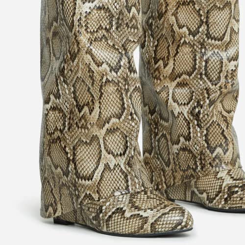 Image of Knee High Boots Womens Wedge High Heels Shark Boots Fold Over Pull-on Pointed Toe Tall Fashion Boots for Women