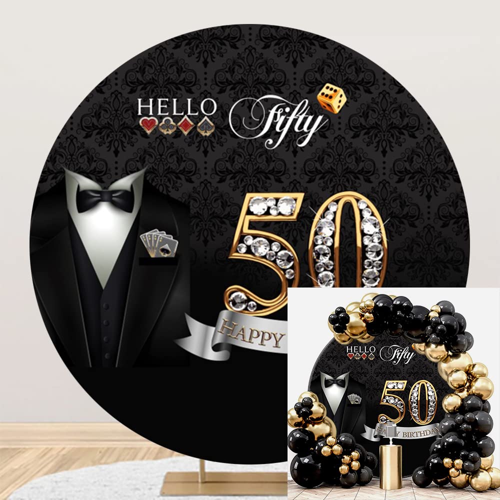 Leyiyi 7.2x7.2ft Men 50th Round Backdrop Cover Hello Fifty Happy Birthday Photography Backdrop Bow Tie White Shirt Suit Necktie Suit Tuxedo Diamond