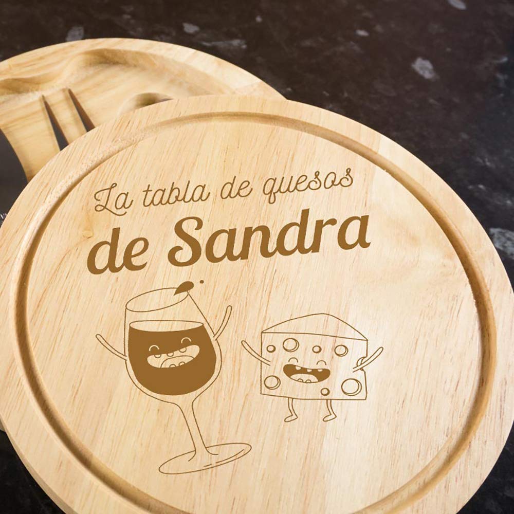 Regalo personalizado: tabla de quesos grabada con motivos divertidos y el texto que tú quieras