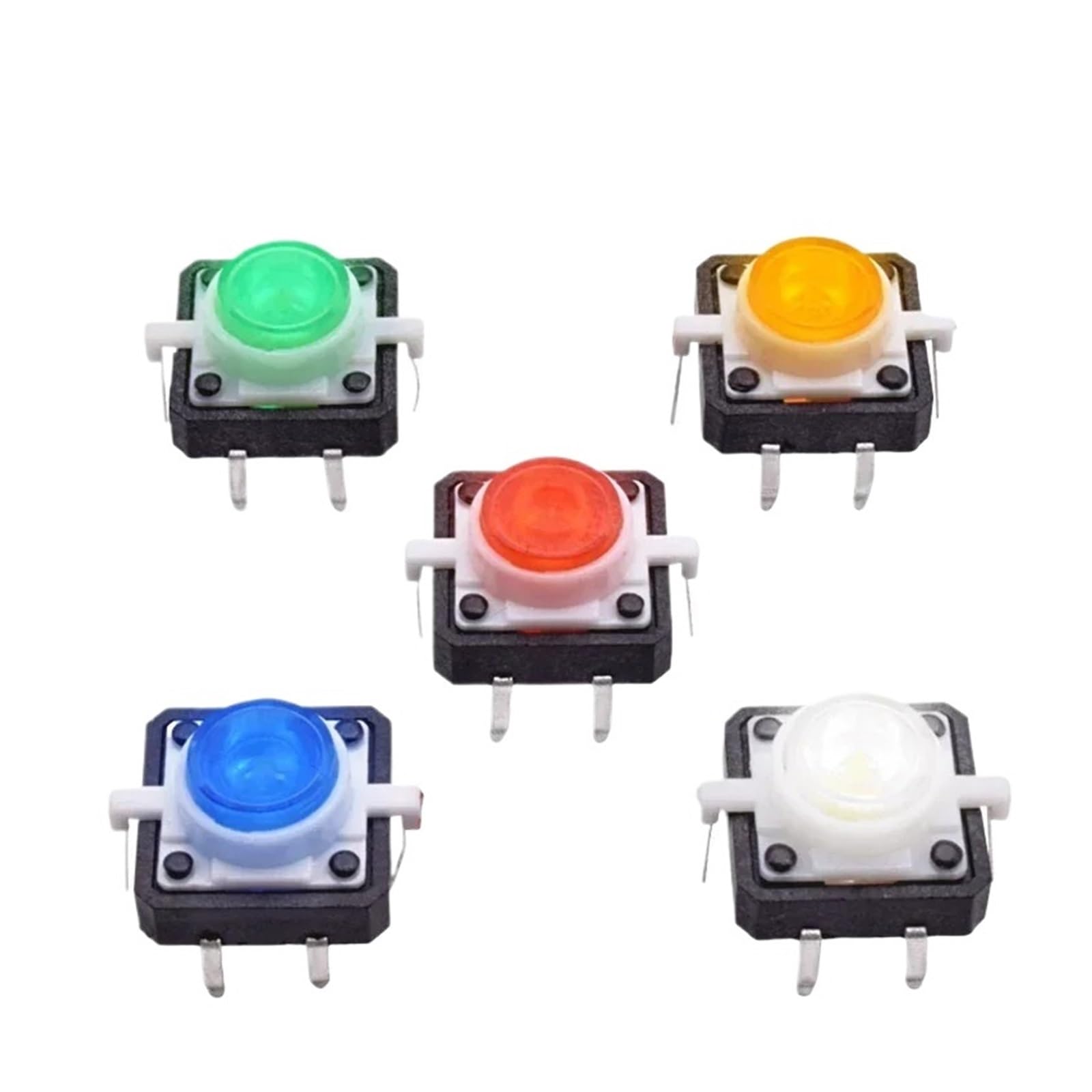 Podświetlany mikroprzełącznik dotykowy 12x12mm, 5 sztuk, chwilowy przycisk resetowania, czerwony żółty niebieski biały, 12 V DC pin lutowniczy (5 szt. Każdy kolor 1 szt.)