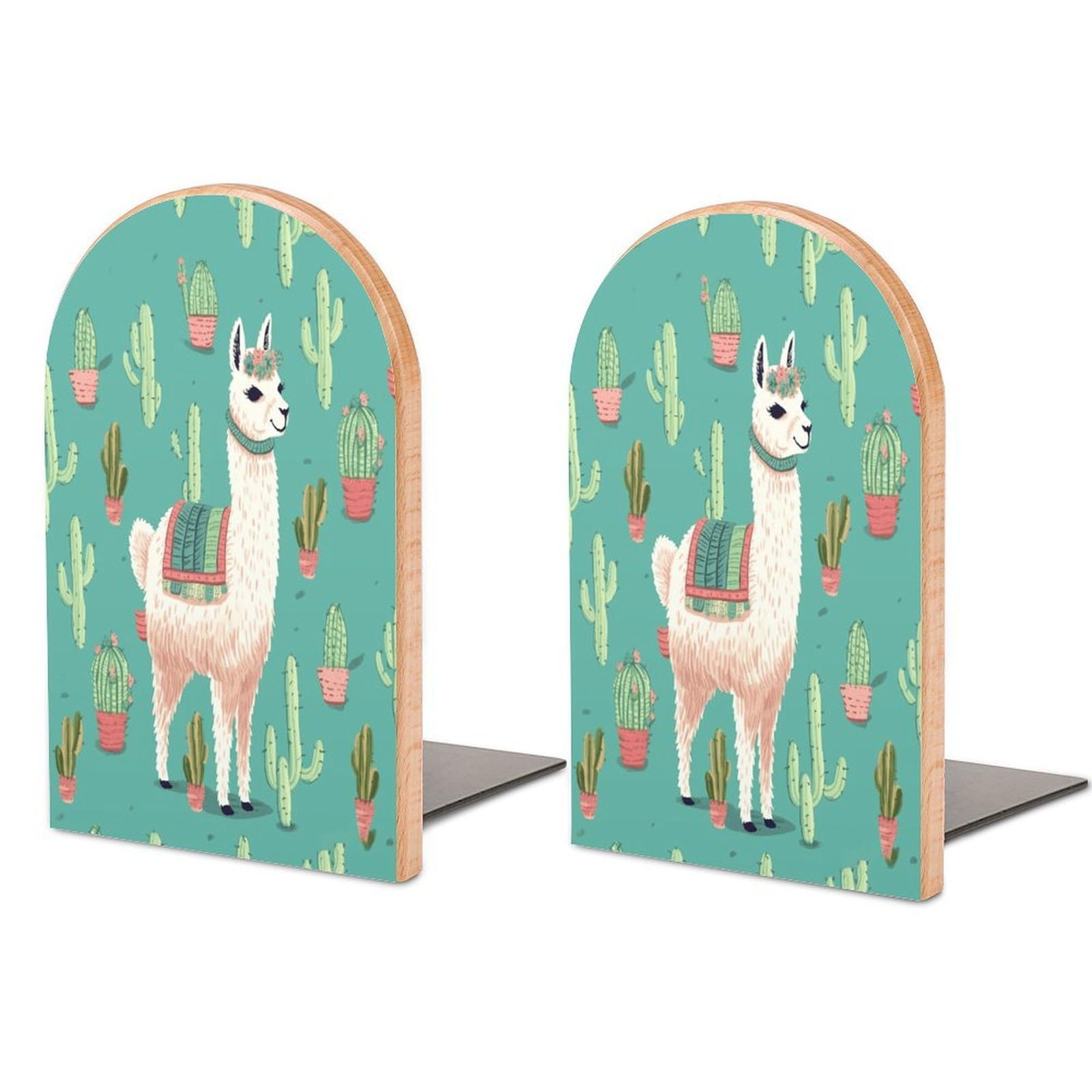 Alpaca Cactus Bookends 1 Pair Heavy Duty Book Ends for Shelves Non-Skid Bookend Supports Wooden Book Holders with Metal Base Desk Organizers Books Storage to Hold Books