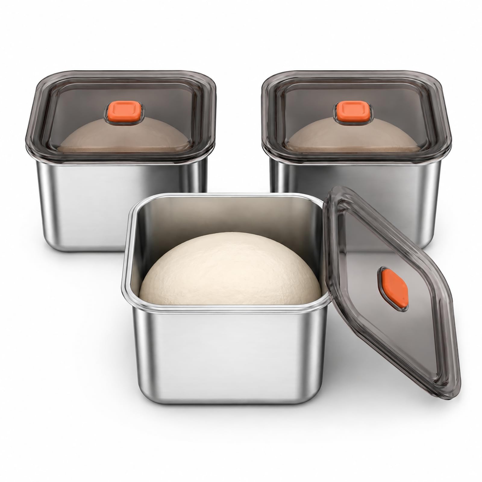 Raoletin 3 Packs Pizza Dough Proofing Box Stainless Steel Container, Stackable Square Ice Cream Tubs Containers with Silicone Vent Lids, Airtight Pizza Dough Balls Containers Food Storage(2.3L)