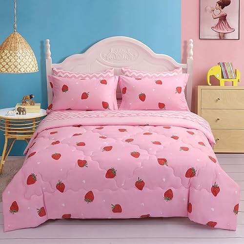 Miniatura 2 de Juego de ropa de cama de tamaño matrimonial de fresa para niñas, juego de edredón Kawaii rosa de 7 piezas, cama en una bolsa para niños y