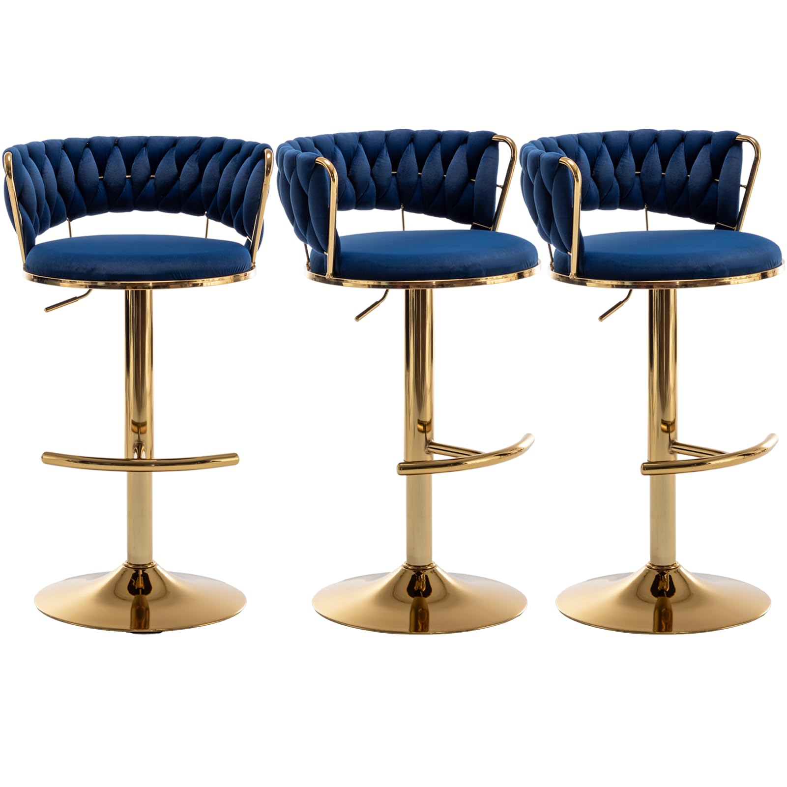 Gold Bar Stools Set of 3, Counter Height Bar Chairs with Low Back, Velvet Adjustable Height Barstools, 360° Swivel Bar Stools for Kitchen Island, Pub (Blue)