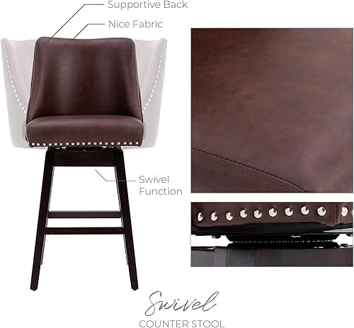Miniatura 5 de Juego de 2 taburetes de bar de madera de 28 pulgadas, taburetes de bar tapizados de piel sintética, taburete giratorio libre de 360 para comedor,