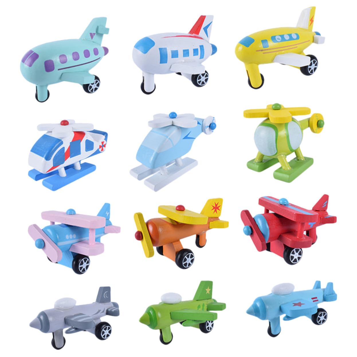 POPETPOP 12 Piezas de Mini Aviones de Madera para Niños Colores Vivos Rebabas, Juguete Educativo Adecuado Desarrollo Temprano y Reconocimiento de Colores