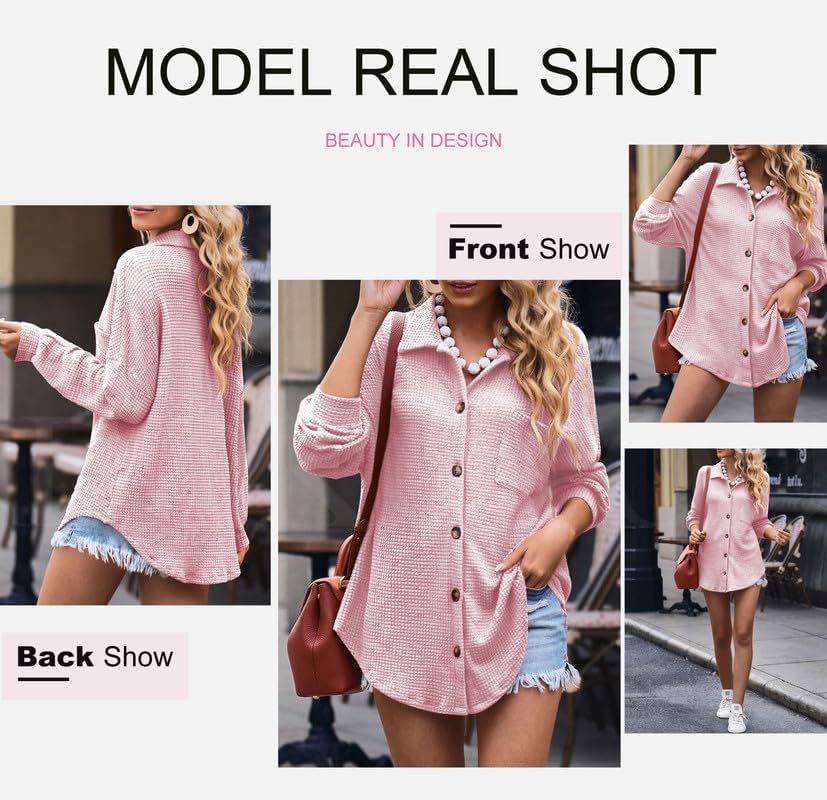 Image of Dokotoo Womens Waffle Knit Shacket Jacket Casual Button Down Shirts Tops | Long Sleeve,Loose Fit,Boyfriend Style,Collared V Neck,Fall Cardiga,Outwear with Pockets