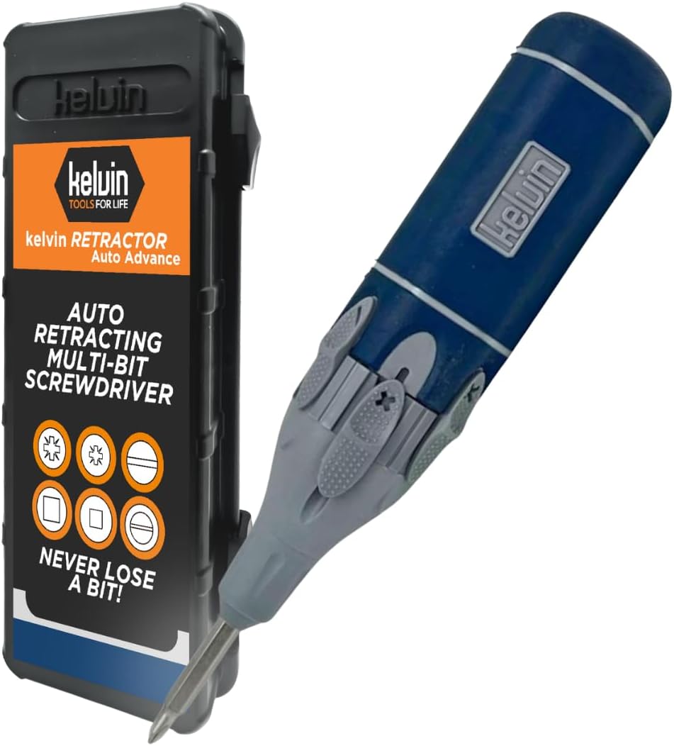Kelvin Tools Retractor Auto Advance – Automatic All-in-One Screwdriver, Multi-Head Autoloader 6-in-1 Bit Driver, Versatile Tool, Made in Canada (Navy/Grey)