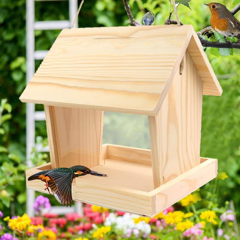 YIHAOBOX Comedero para pájaros para balcón o para colgar, resistente a la intemperie, hecho a mano de madera natural, casa para pájaros, jardín