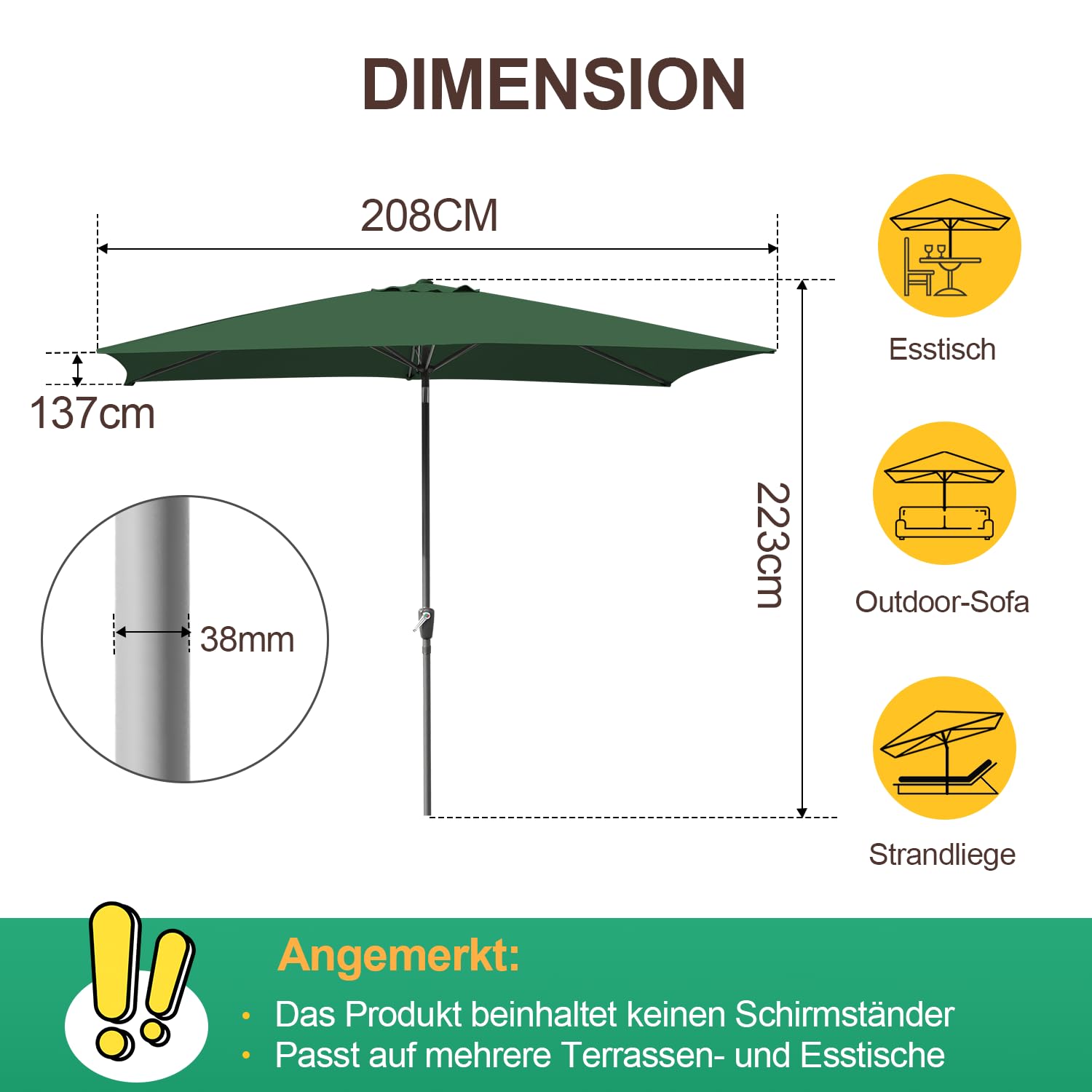 Parasol 1,4x2,1/2x3 m, UV50+, Parasol z korbą i regulacją pod kątem 30°, 160g/m² poliestru, bez podstawy, duży parasol z korbą do basenów, balkonów i ogrodów, z LED/bez LED