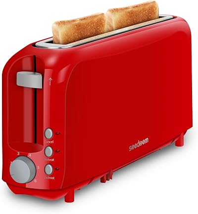 SEEDEEM 2 Slice Slim Toaster, Single 10" Long Slot Toaster Fits Bagels & Artisan Bread, 6 Shade Settings, Cancel/Reheat/Defrost, Removable Crumb Tray, Auto Shut-Off, Red