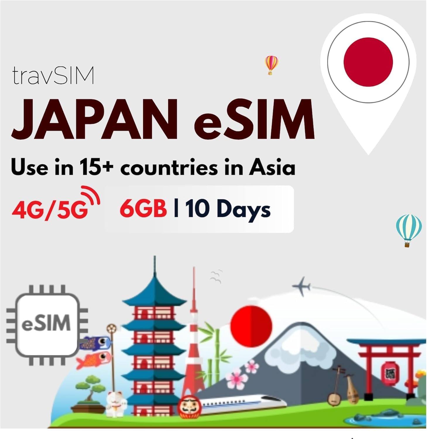 travSIM Japan SIM Card | 6GB Mobile Data | Free Roaming in Free Roaming in South Korea & 15+ Countries in Asia | The Plan on The SIM Card for Japan is Valid for 10 Days.