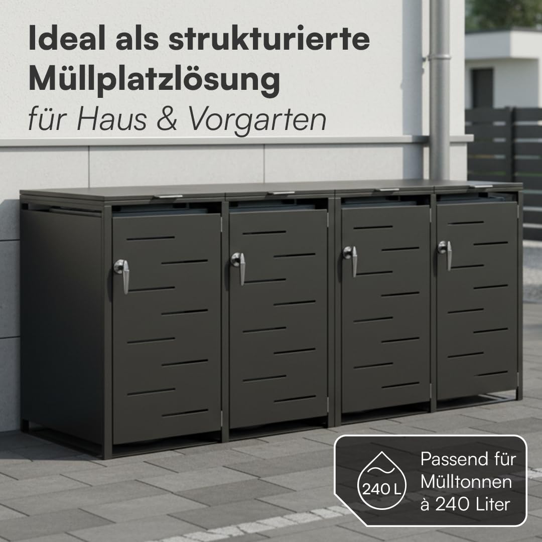 STEELSØN Diorus Mülltonnenbox 4er bis 240L abschließbar – Hochwertige Mülltonnenverkleidung für 4 Tonnen – Müllbox Stahl – Müllcontainer Schwarz - Mülltonnen Box wetterfest – Gerätebox mit Schloss