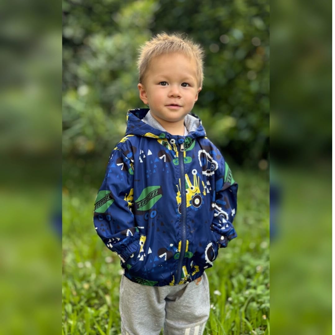 Giacca antivento autunno primavera con cappuccio ragazzo da 1 anno a 6 anni, giubbotto motivo attrezzi trattore, camion betoniera, bulldozer, cerniera lampo, fodera interna comfort