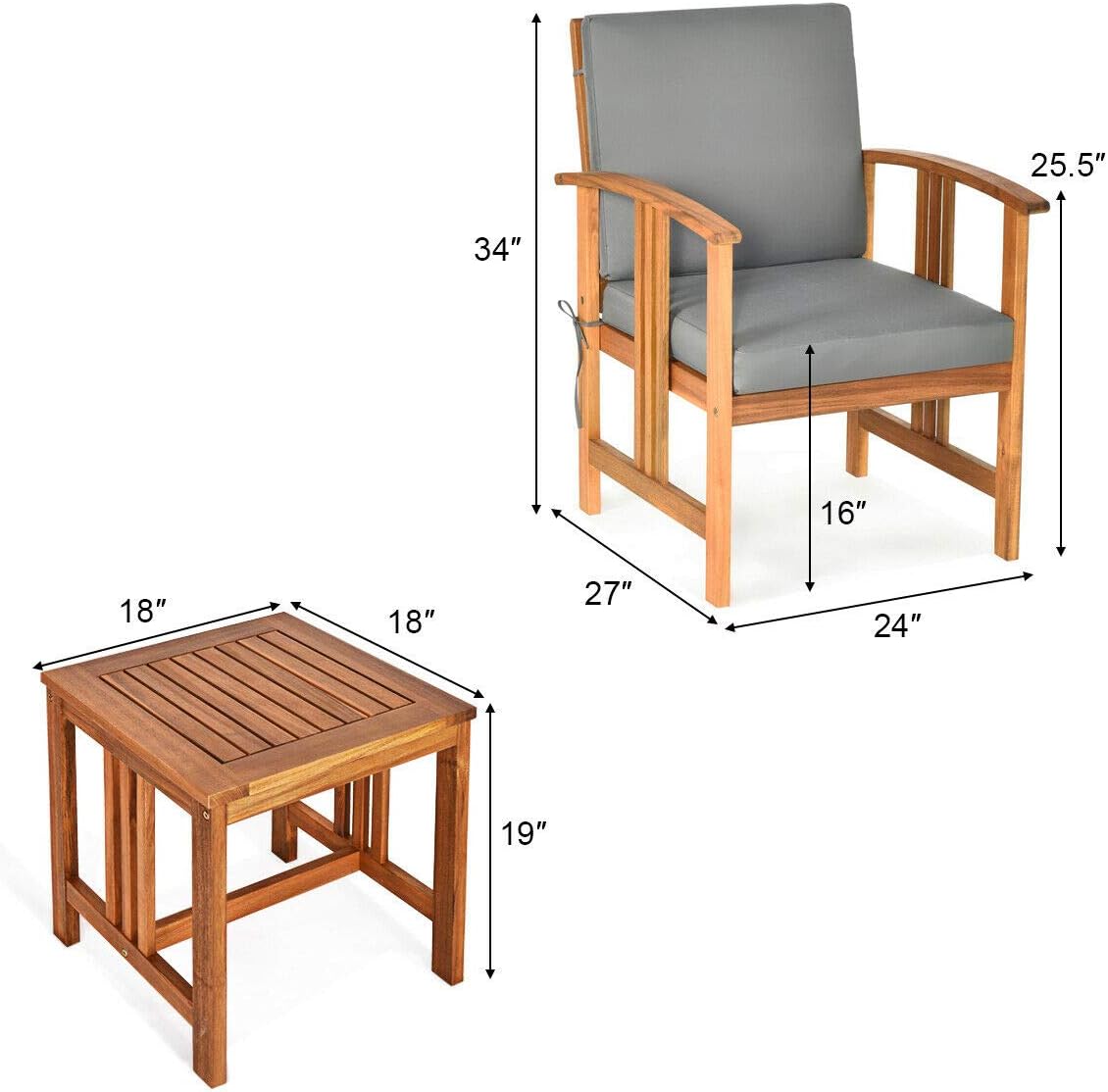 DORTALA 3 Pieces Acacia Wood Patio Furniture, 2 Person Patio Set with Cushions and Coffee Table, Outdoor Wood Table Set for Patio, Backyard and Porch, Easy to Assemble, 360LBS Capacity, Grey