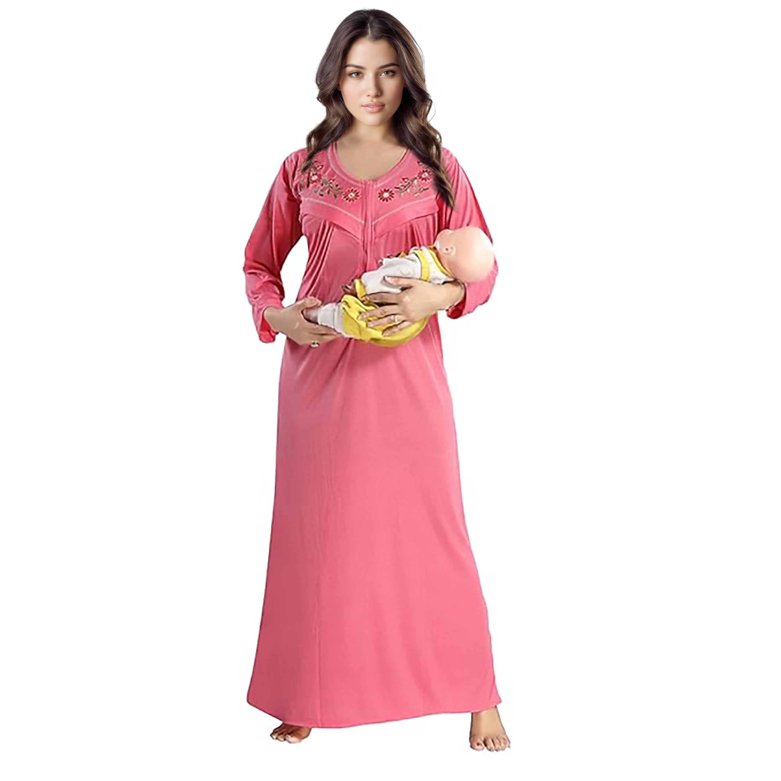 Women's- Full Sleeves-Feeding- Nursing- Maternity Nighty/Maxi/Gown/Nightdress/Nightwear- Hosiery Cotton Fabric- Floral Print- Embroidery with Zip-image-33